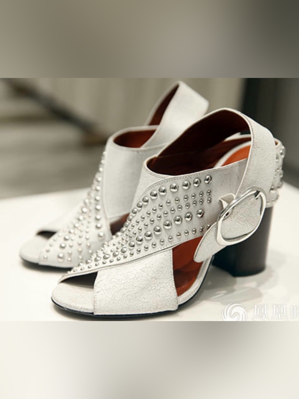 3.1 Phillip Lim White Studded Peep-Toe Heels with Buckle Accent
